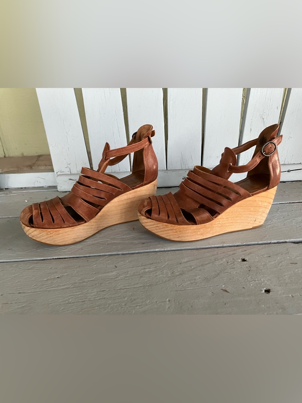 COCLICO Soft Brown Leather Strappy Wedge Sandals Wood Clog - Picture 3 of 15